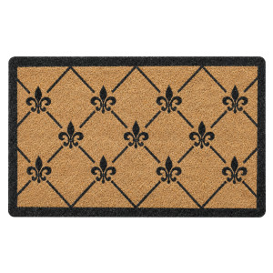 Natural coir doormat with a repeating fleur de lys trellis design and slim profile