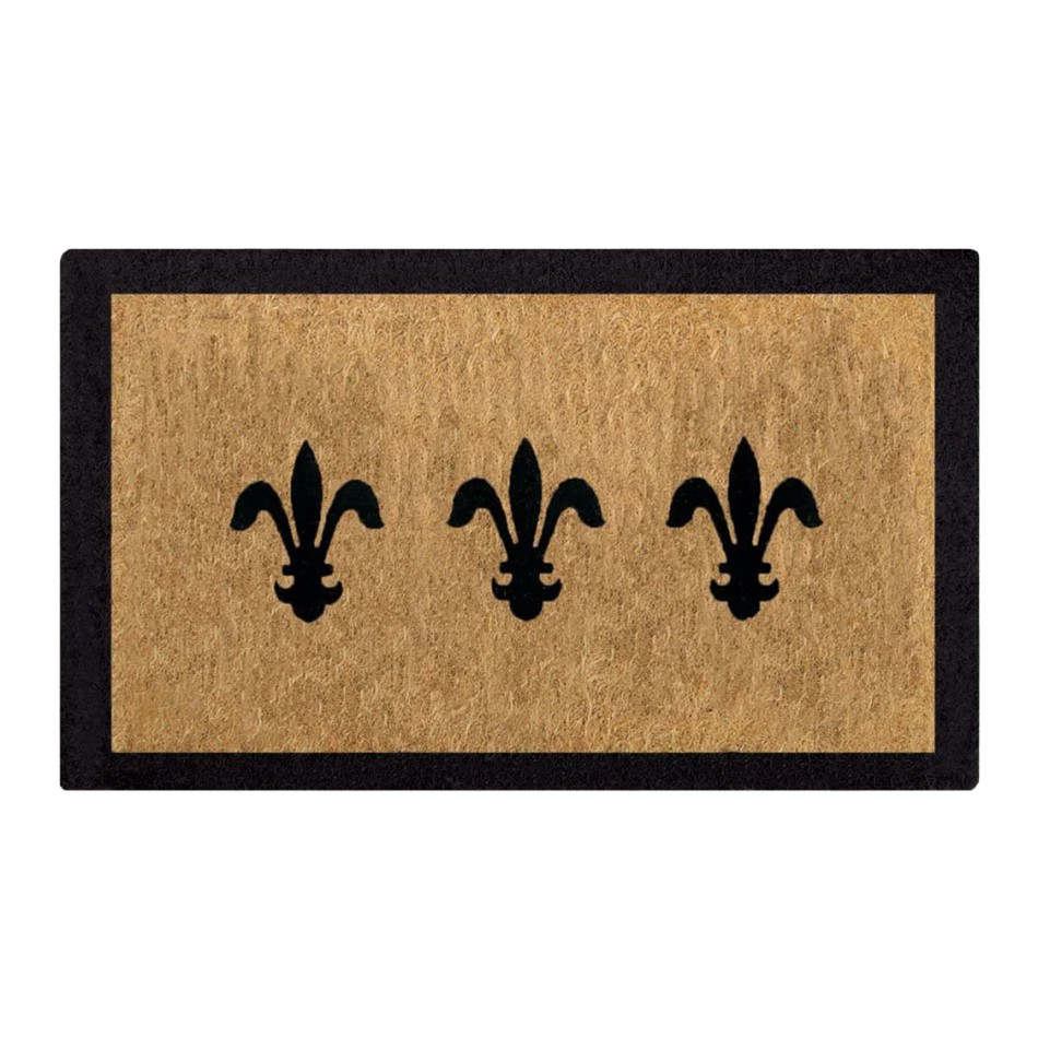 Rectangular natural coir doormat printed with a repeating black fleur-de-lys design