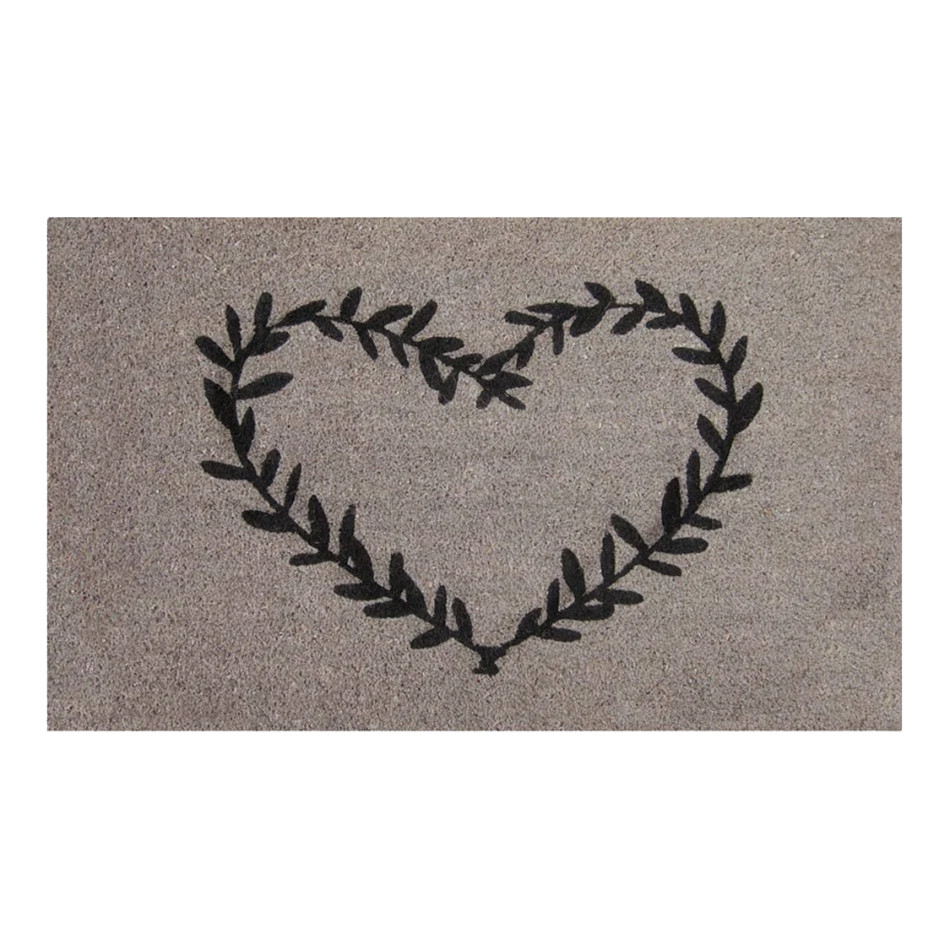 Natural coir doormat printed with a mushroom brown-grey heart-shaped wreath of leaves