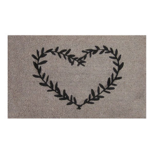 Natural coir doormat printed with a mushroom brown-grey heart-shaped wreath of leaves