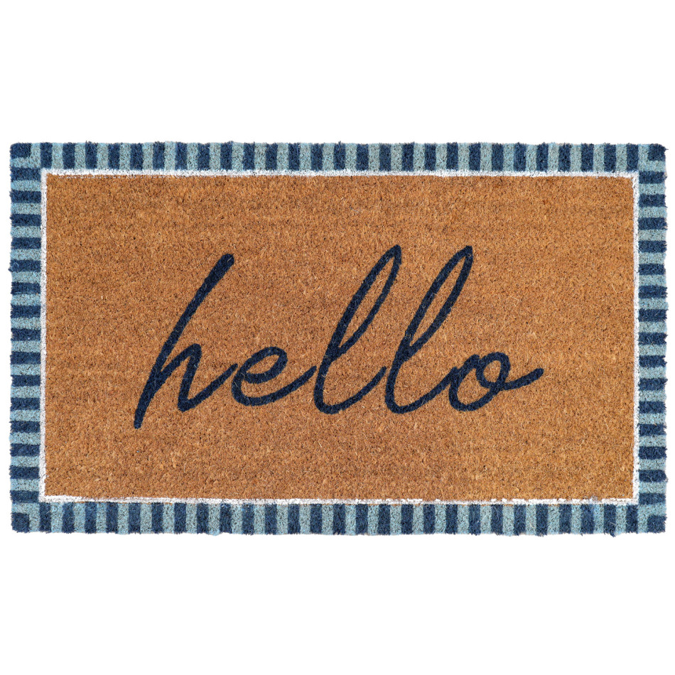 Rectangular natural coir doormat with navy hello script, blue striped edging and a fine white outline