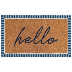 Rectangular natural coir doormat with navy hello script, blue striped edging and a fine white outline