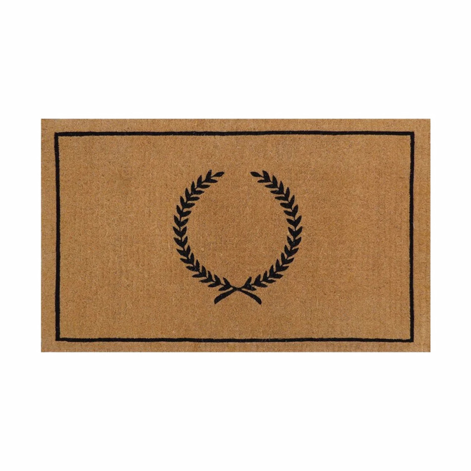 Large rectangular natural coir doormat with an ornate black crest design
