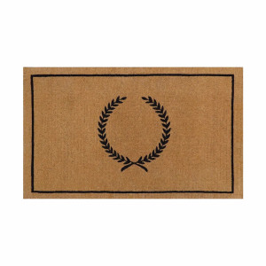 Large rectangular natural coir doormat with an ornate black crest design