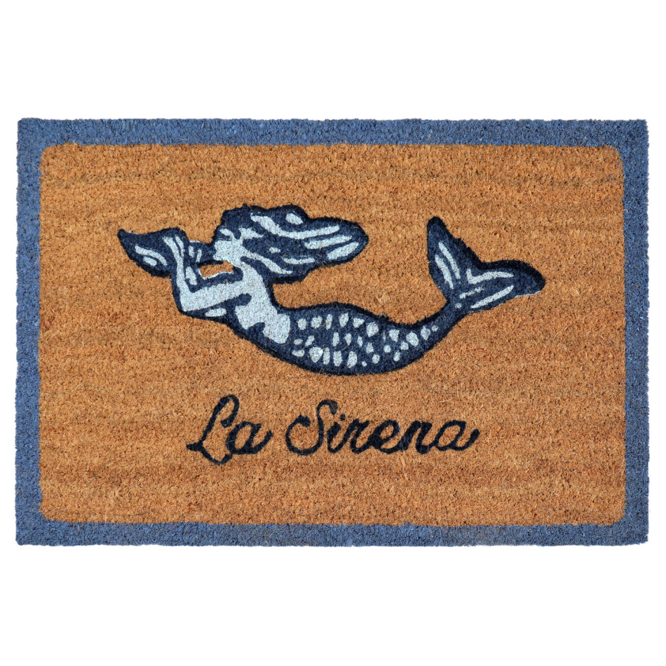 Natural coir doormat with a shell-blowing mermaid, La Sirena lettering and blue border on a white background