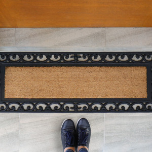 Chester Long Coir & Rubber Doormat with Scroll Border, presented as a decorative entrance mat for the front doorway