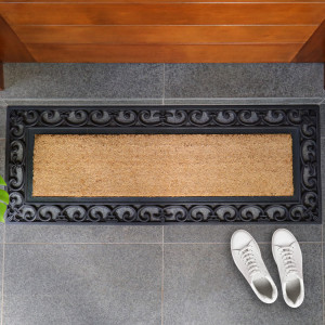 Chester Long Coir & Rubber Doormat with Scroll Border, an entrance mat designed for a doorway