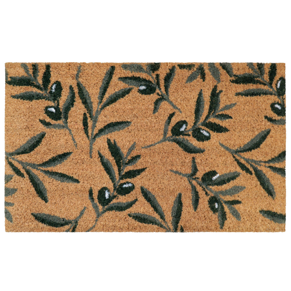 Rectangular coir doormat with green olive leaves and dark olive motifs, shown on a white background