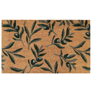 Rectangular coir doormat with green olive leaves and dark olive motifs, shown on a white background