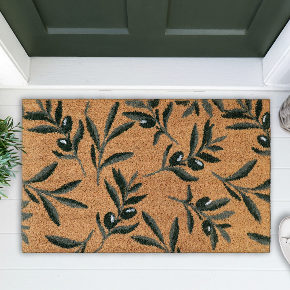 Natural coir doormat patterned with green olive branches and dark olives below a green front door