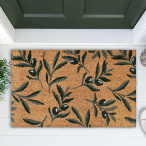 Natural coir doormat patterned with green olive branches and dark olives below a green front door