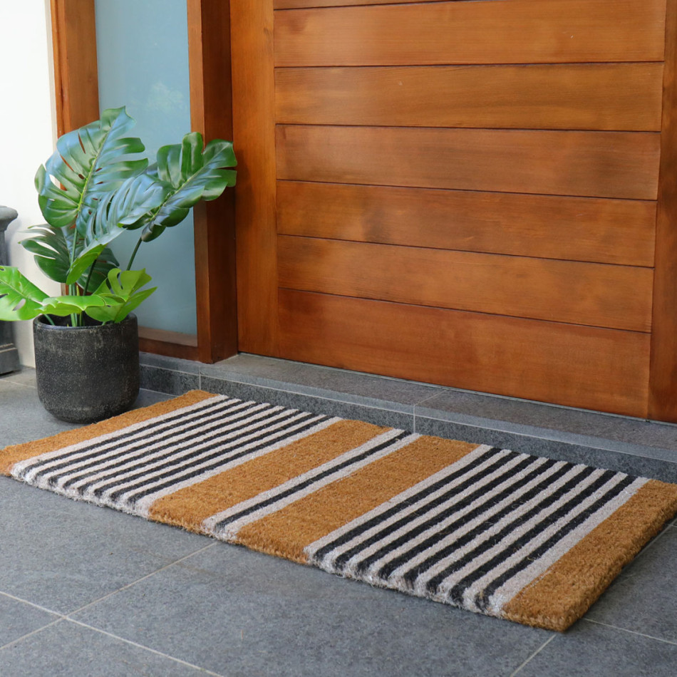Extra-large natural coir doormat with tailored black and white nautical stripes
