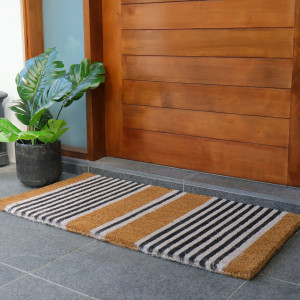Extra-large natural coir doormat with tailored black and white nautical stripes