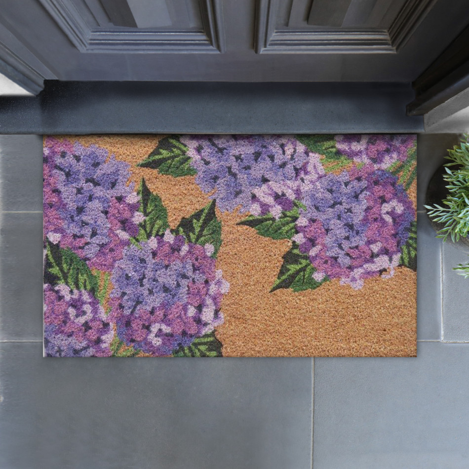 Amethyst Hydrangeas Door Mat 75x45cm, presented as a decorative entrance mat for the front doorway