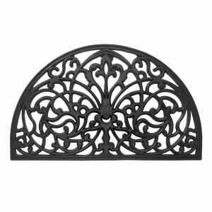 Black half-round rubber doormat with an intricate openwork lace pattern
