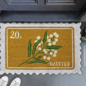 Molly Yellow Postage Stamp Doormat 80x50cm, presented as a decorative entrance mat for the front doorway