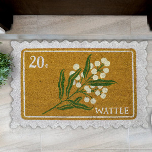 Molly Yellow Postage Stamp Doormat 80x50cm, designed to protect the floor while adding detail to an entryway