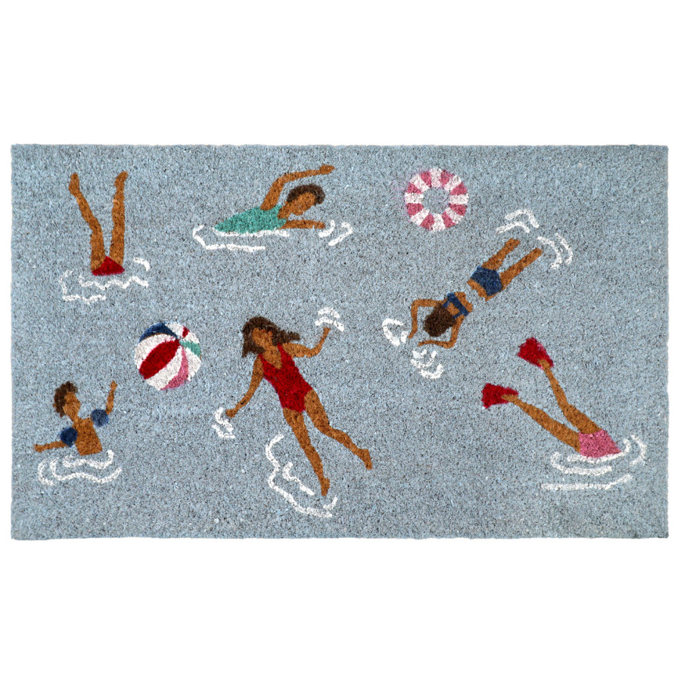 Rectangular blue coir doormat with illustrated swimmers, white ripples, a beach ball and striped swim ring