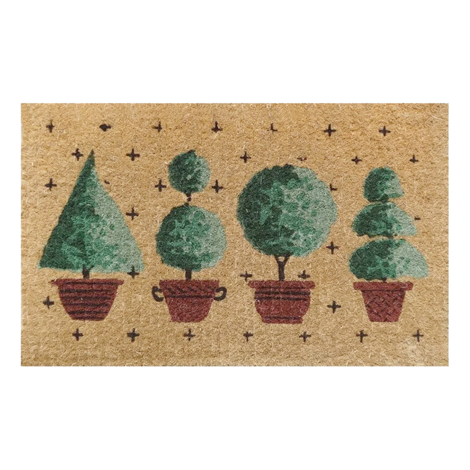 Rectangular natural coir doormat printed with a row of four colourful topiary trees