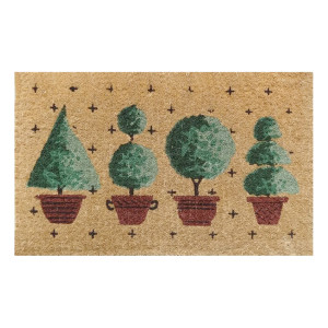 Rectangular natural coir doormat printed with a row of four colourful topiary trees