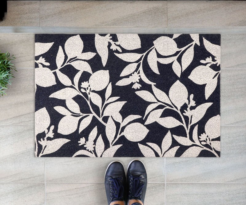 Tyndall Navy White Leaf Large Doormat PVC Backed Cheap home decor