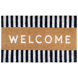 Rectangular coir doormat with white WELCOME lettering and navy-and-white striped borders on a white background