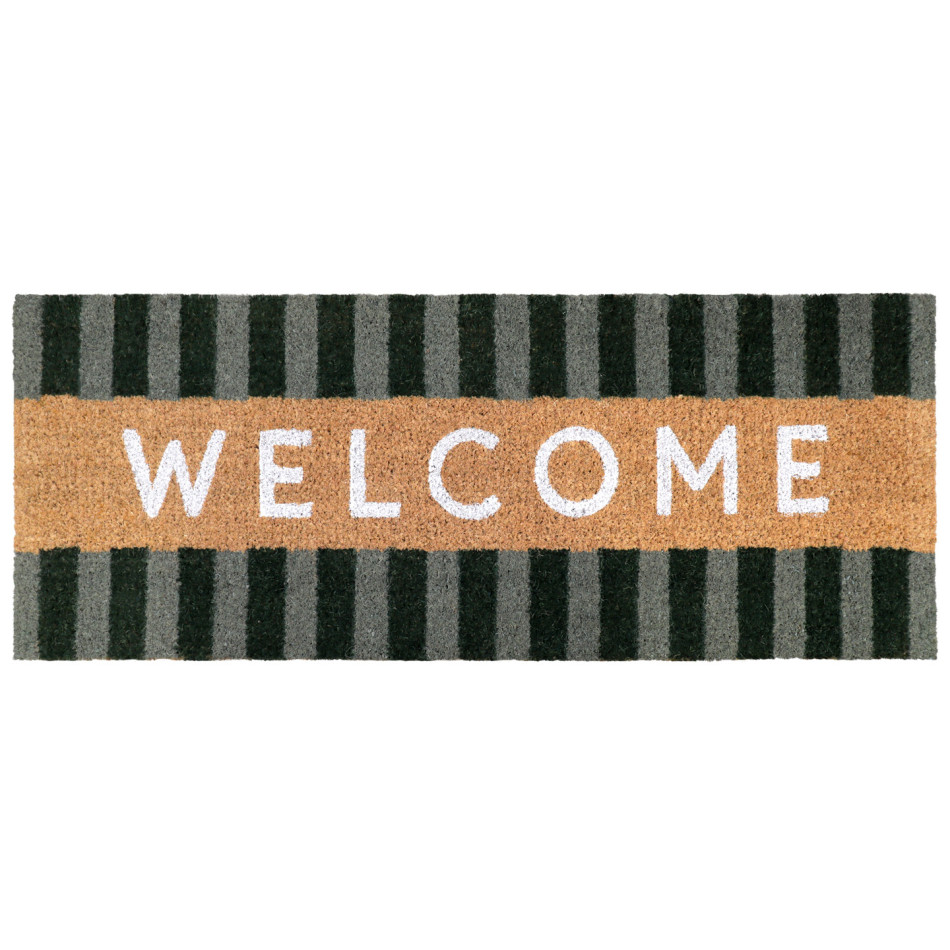 Long rectangular coir doormat with green striped borders and white WELCOME lettering on a white background