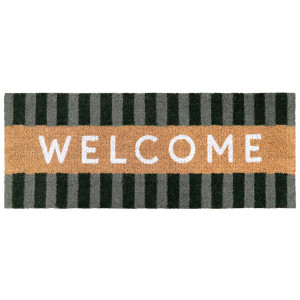 Long rectangular coir doormat with green striped borders and white WELCOME lettering on a white background