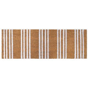 Long rectangular coir doormat with repeated groups of narrow white stripes, shown on a white background