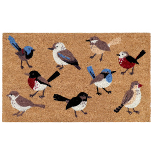 Rectangular natural coir doormat featuring nine birds with blue, red, brown and black markings on a white background