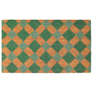 Rectangular coir doormat with deep green, sage green and natural diamonds on a white background