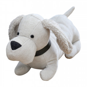 Alfie Oatmeal Beige Dog Door Stop, a decorative floor accent made to keep a door securely positioned