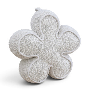 Cream daisy-shaped boucle door stop with piped petal detail on a white background