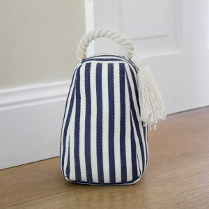 Longbeach Navy Stripe Door Stop, a decorative floor accent made to keep a door securely positioned