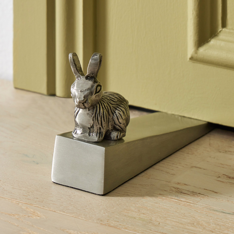 Silver Rabbit Door Wedge - Silver Door Stop, a decorative floor accent made to keep a door securely positioned