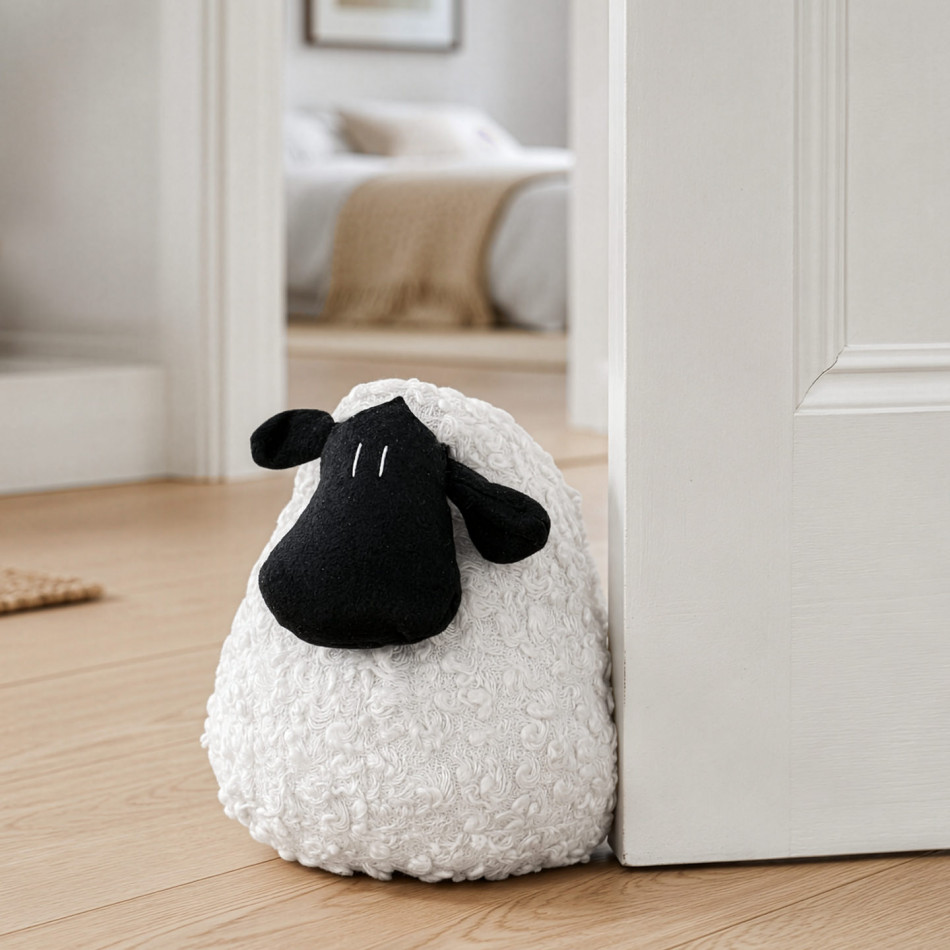 Sam the White Sheep Doorstop, a decorative floor accent made to keep a door securely positioned