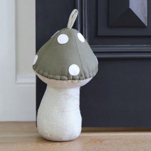 Khaki Green Toadstool Door Stop, a decorative floor accent made to keep a door securely positioned