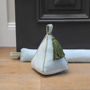 Mariana Sky Blue Velvet Door Snake / Draftstopper, a fabric draft blocker for the base of a door