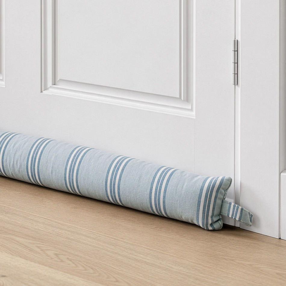 Hayman Sky Blue Stripe Draftstopper, a long soft furnishing designed for practical door protection