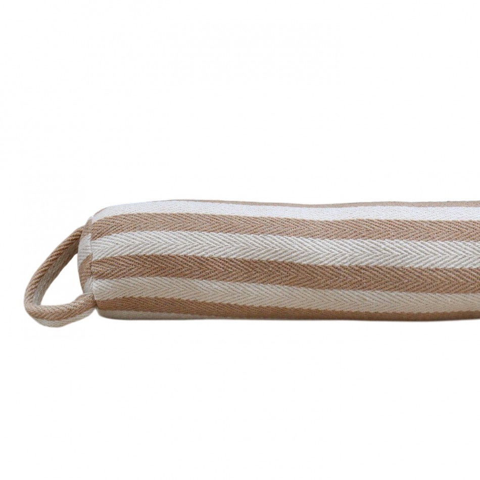 Dalton Taupe Stripe Draft Stopper, a fabric draft blocker for the base of a door
