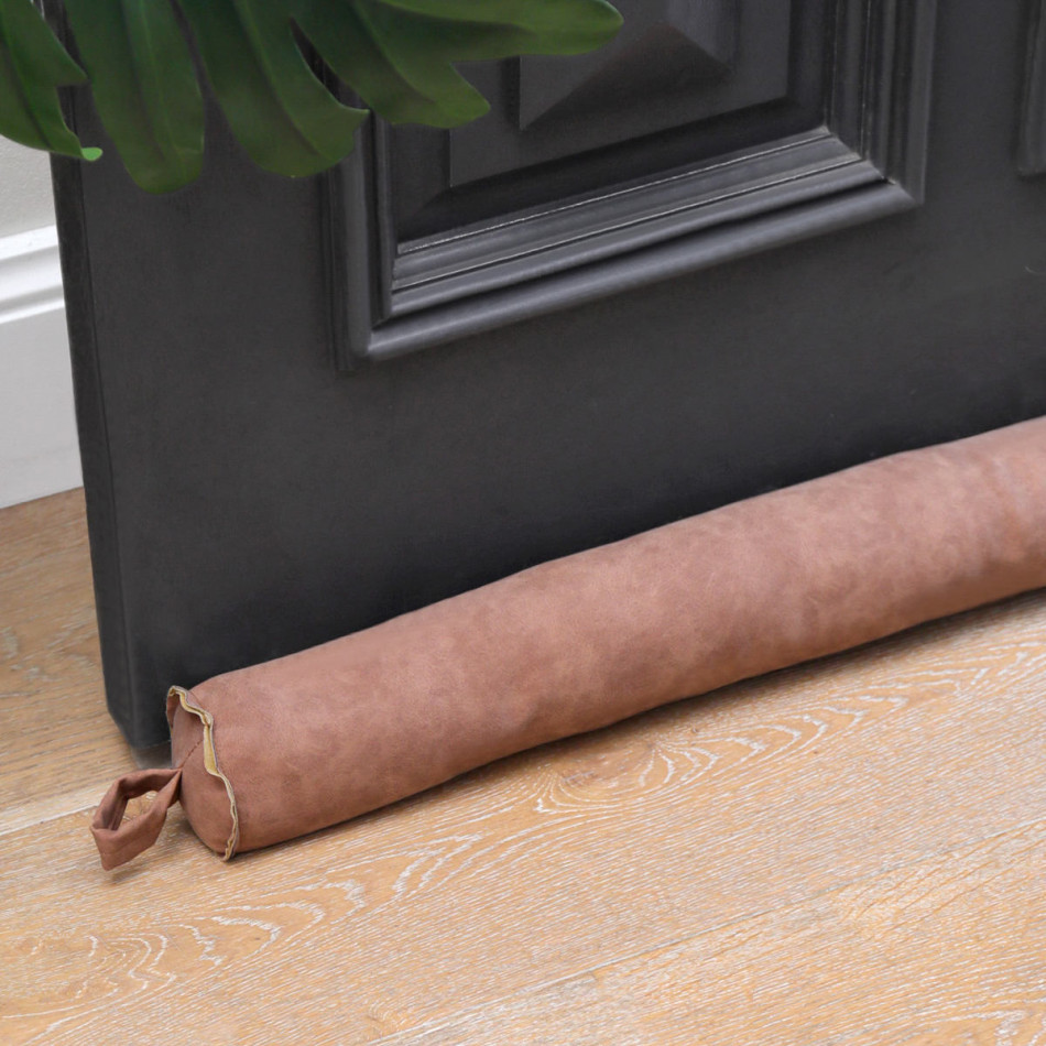 Farnham Tan Suede Door Snake / Draftstopper, a fabric draft blocker for the base of a door