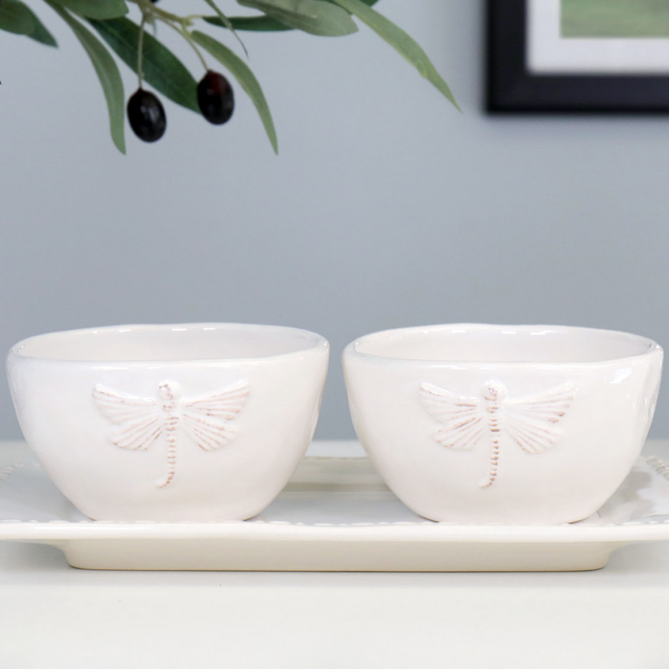 Set 2 Dragonfly Dip Bowls on Plate, a tabletop piece for serving or decorative display