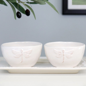 Set 2 Dragonfly Dip Bowls on Plate, a tabletop piece for serving or decorative display