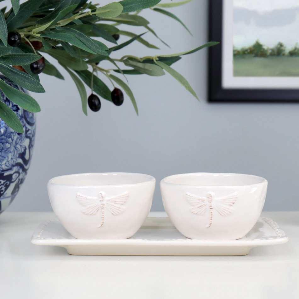 Set 2 Dragonfly Dip Bowls on Plate, a tabletop piece suited to serving food or creating a decorative display