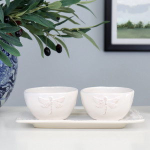 Set 2 Dragonfly Dip Bowls on Plate, a tabletop piece suited to serving food or creating a decorative display