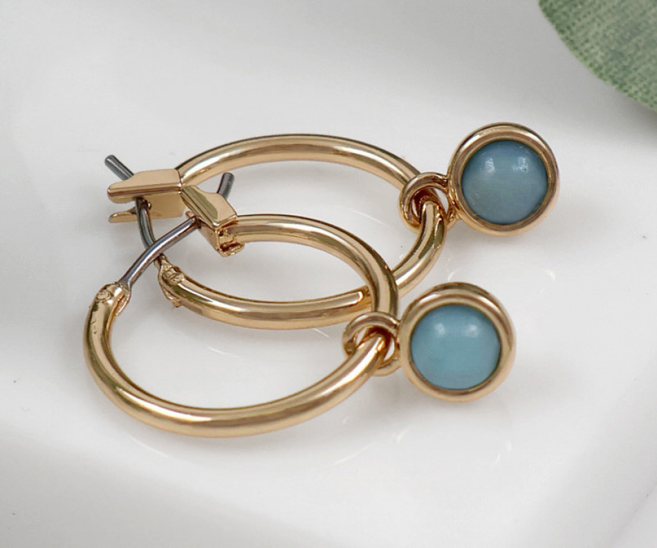 Sasha Gold Huggies with London Blue Stone, decorative home accessory
