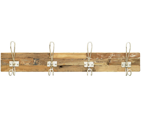 Teak + White Hooks 4-Hook Coat Rack