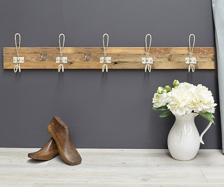 Teak + White Hooks 6-Hook Coat Rack