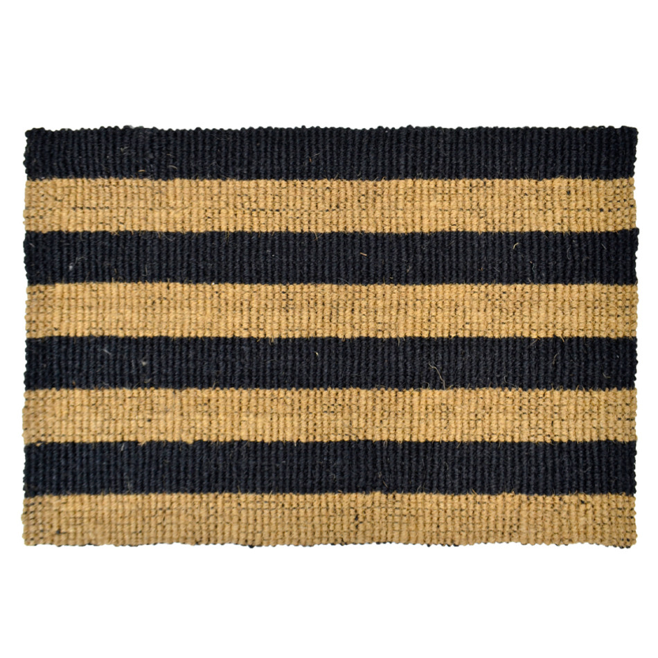 Rectangular indoor mat with chunky natural and black striped boucle weave