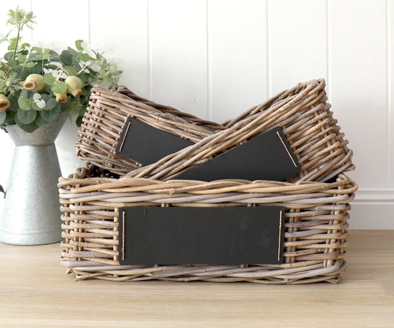 Set 3 Cane Baskets with Blackboard Antique Grey